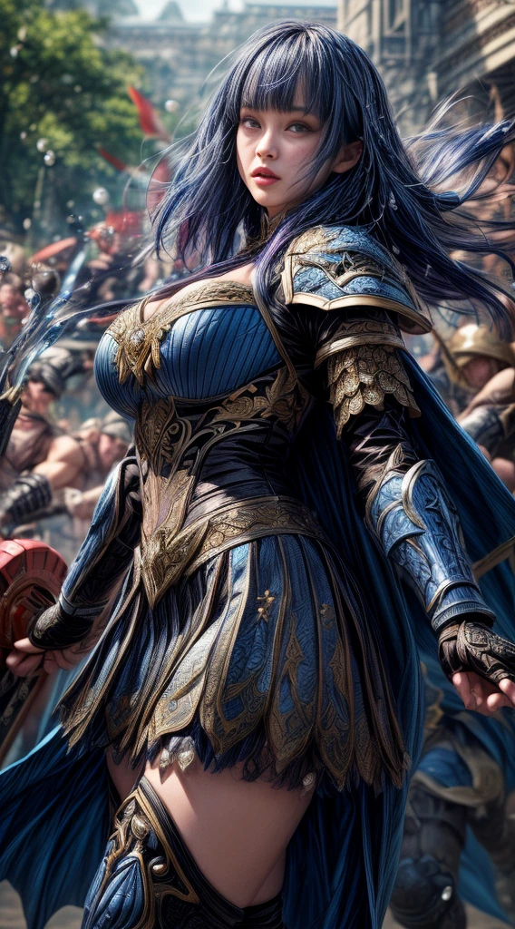 Very beautiful woman、Slender women、(Detailed face)、Realistic Skin、((Holy Knight)), ((Dark blue armor))、((((A black armor with extremely detailed and intricate decoration.:1.1))))、((Delicate photo)),(Girl Astepeace RAW Photo Details:1.25), (Highest quality:1.6), (Ultra-high resolution:1.5), (Realistic:1.75), 8K resolution, Canon EOS R5, 50mm, Absurd, Super detailed,Cinema Lighting,((Fightfield))、((Fight))、(((Navy embellished skirt)))、Thigh-high socks、Shingard、((Dark blue hair))、((Bowl cut hairstyle with bangs,))、Get a six pack、Cape、Beautiful Armor、(((Has a huge weapon)))、(In combat)、The wind is blowing、((Symmetrical armor))、((((splash))))、(((Leads a large group of blue knights:1.2)))、Banner、Armor with a dragon motif、(((Battle Scenes)))
