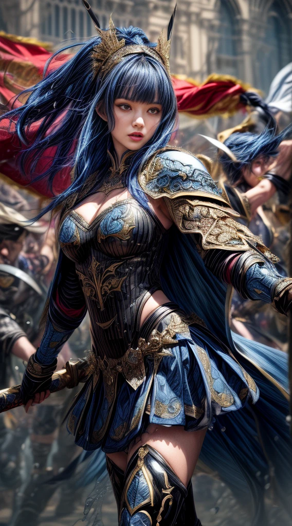 Very beautiful woman、Slender women、(Detailed face)、Realistic Skin、((Holy Knight)), ((Dark blue armor))、((((A black armor with extremely detailed and intricate decoration.:1.1))))、((Delicate photo))，(Girl Astepeace RAW Photo Details:1.25), (Highest quality:1.6), (Ultra-high resolution:1.5), (Realistic:1.75), 8K resolution, Canon EOS R5, 50mm, Absurd, Super detailed,Cinema Lighting,((Fightfield))、((Fight))、(((Navy embellished skirt)))、Thigh-high socks、Shingard、((Dark blue hair))、((Bowl cut hairstyle with bangs,))、Get a six pack、Cape、Beautiful Armor、(((Has a huge weapon)))、(In combat)、The wind is blowing、((Symmetrical armor))、((((splash))))、(((Leads a large group of blue knights:1.2)))、Banner、Armor with a dragon motif、(((Battle Scenes)))