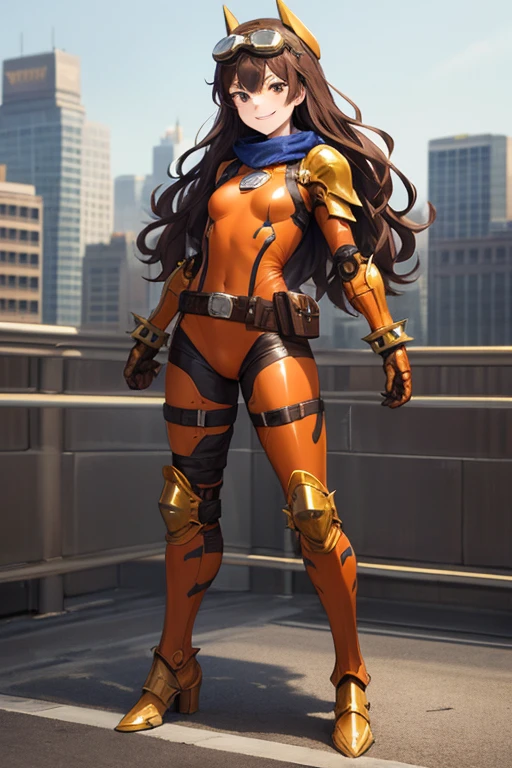 ((best quality)), ((masterpiece)), (detailed), 1 girl, full body, 20s, young adult, brown vintage aviator helmet, spiked helmet, large goggles, evil smile, long white scarf, wavy brown hair with a lock, brown collar, somewhat short, very thin, spikes on forearms, brown details, large brown leather gloves, brown wrist guards, orange nanotech suit, light armor, brown chest with an emblem, high shoulder pads, orange suit with brown stripes, brown tiger stripes, triangular emblem on chest, very small breasts, blue emblem, orange pants, brown knee pads, metallic brown boots, metallic brown shoes, brown superhero belt, standing on a building, city background, anime, holding a small metallic ball with spikes in her hand