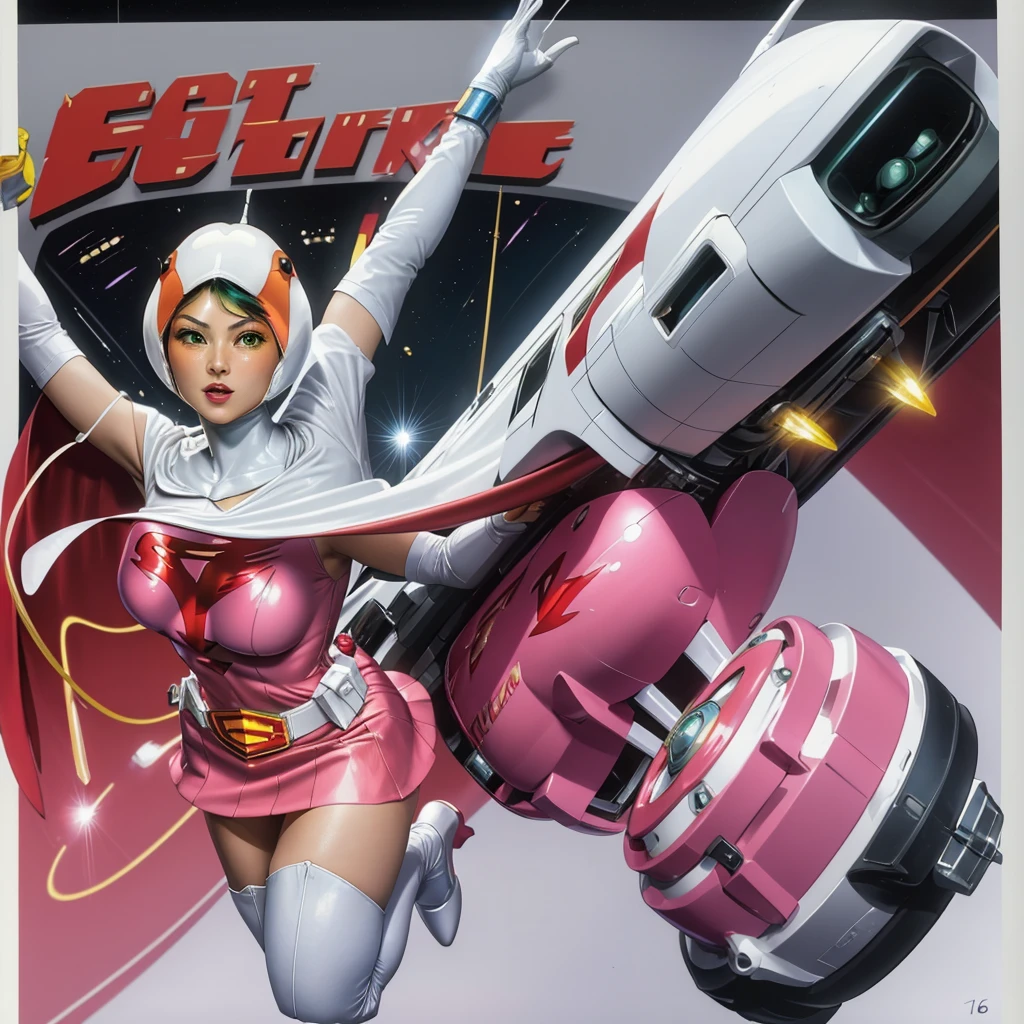 ANI_CLASSIC_jun_gatchaman_ownwaifu,1girl, ,good anatomy, masterpiece, best quality,realistic, hyper realistic, 16k hdr, long hair,breasts,lips,large breasts,lipstick,makeup,gloves,cape,helmet,belt,elbow gloves,white gloves,mask,ultra miniskirt,leotard,spacesuit,white tight overknee highheels boots,pink dress,superhero,bodysuit,cleavage,erected nipples,(kick ass poses),cameltoe