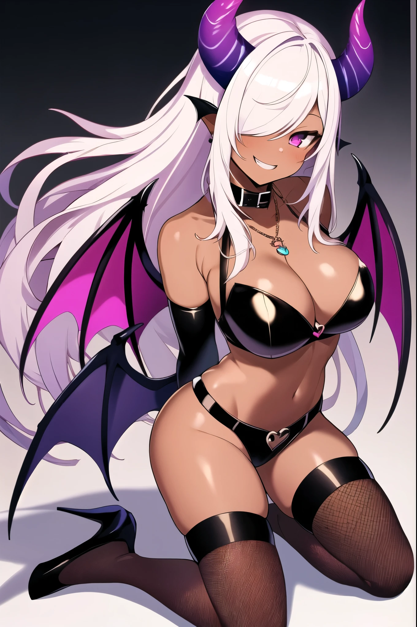 ((Highest quality)), ((masterpiece)), (detailed), 1girl, 独奏, long hair, breasts, looking at viewer, blush, smile, bangs, large breasts, simple background, thighhighs, gloves, white background, navel, cleavage, bare shoulders, jewelry, underwear, purple eyes, collarbone, full body, white hair, heart, thighs, parted lips, wings, horns, black gloves, elbow gloves, black thighhighs, dark skin, pink eyes, necklace, stomach, black footwear, Good, hair over one eye, grin, high heels, collar, dark-skinned female, kneeling, skindentation, arms behind back, demon girl, demon horns, black Good, fishnets, o-ring, demon wings, brown thighhighs, black collar, head fins, fishnet thighhighs, blue wings, belt collar