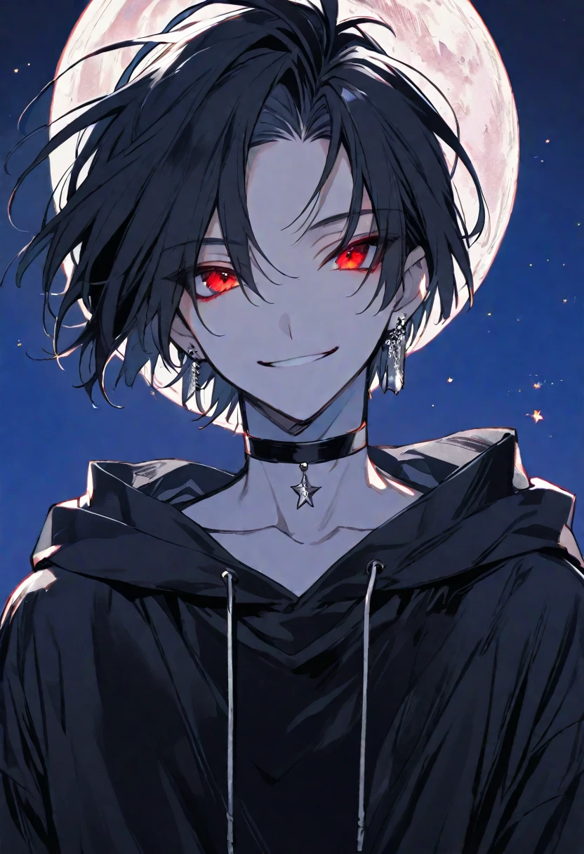 solo, handsome, monotone,
1. male, cigarette,
Hime cut,Straight Hair,Bob Hair, ponytail,
black hair, 
Nakano Yotsuba,
red Eyes,Soft look,beautiful,beautiful,Darkness,Lots of silver earrings,choker,
black hoodie ,smile,skin,
simple background,
moon,star sky