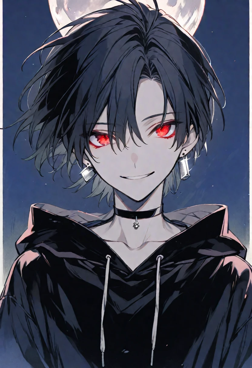 solo, handsome, monotone,
1. male, cigarette,
Hime cut,Straight Hair,Bob Hair, ponytail,
black hair,
Nakano Yotsuba,
red Eyes,Soft look,beautiful,beautiful,Darkness,Lots of silver earrings,choker,
black hoodie ,smile,skin,
simple background,
moon,star sky