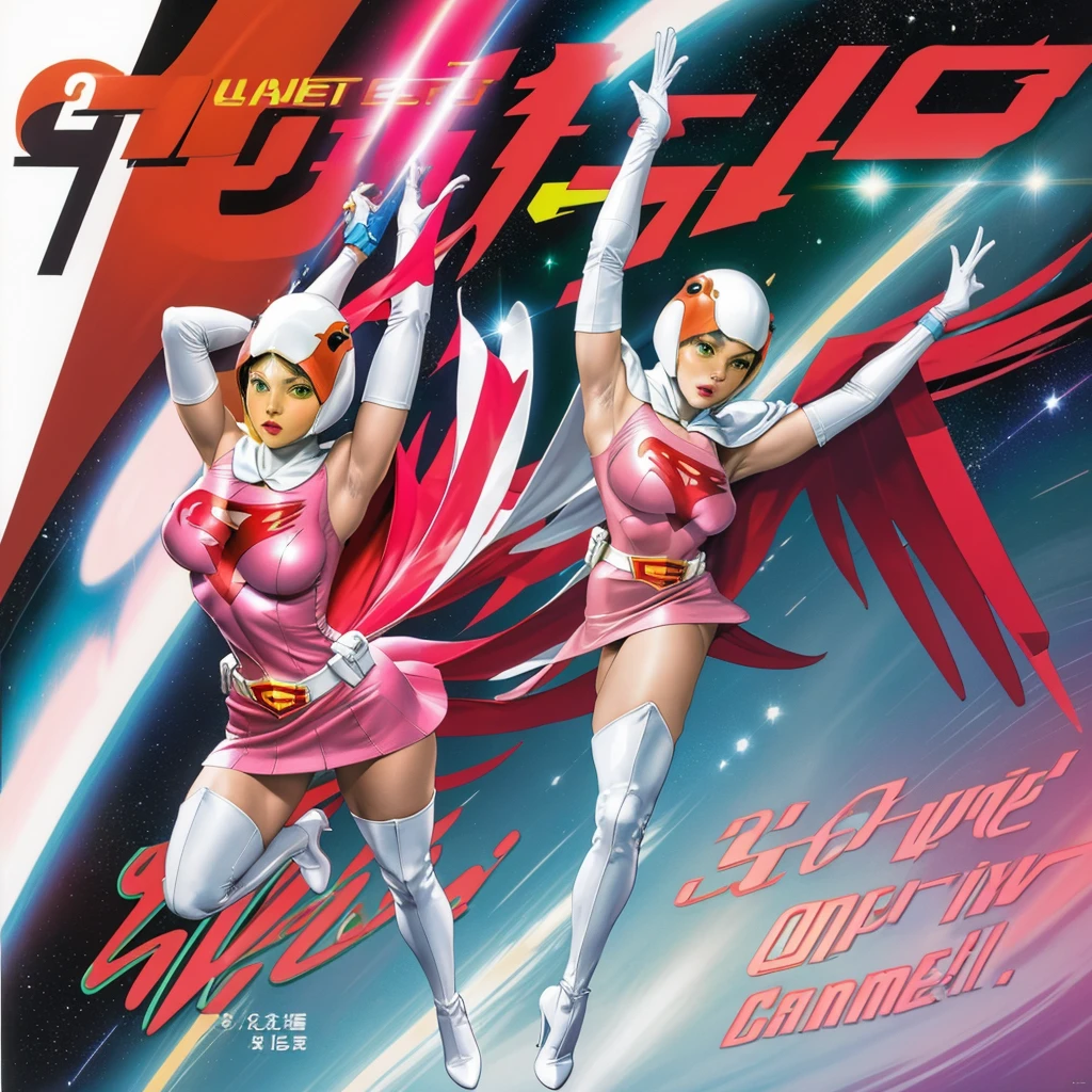 ANI_CLASSIC_jun_gatchaman_ownwaifu,1girl, 15 years old,good anatomy, masterpiece, best quality,realistic, hyperrealistic, 16k hdr,breasts,green eyes,lips,large breasts,lipstick,makeup,gloves,cape,helmet,belt,elbow gloves,white gloves,mask,ultra miniskirt,leotard,spacesuit,white tight overknee highheels boots,pink dress,superhero,bodysuit,cleavage,erected nipples,((standing pose,spread legs, arms up straight)),cameltoe
