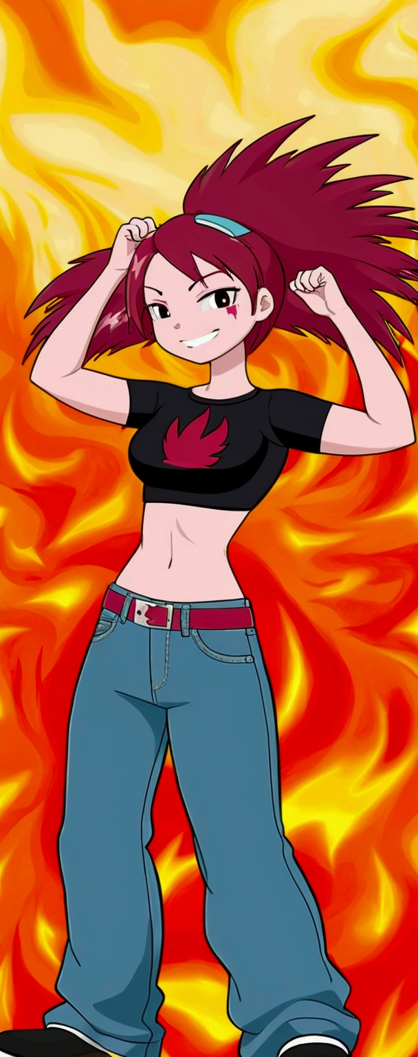 A  girl, beautiful action, big breast, dark red hair, cut her eye, pink eyelash, fire red, wears black top, short sleeves, shows navel, sexyve, and a pair of denim pants, brown shoes. 