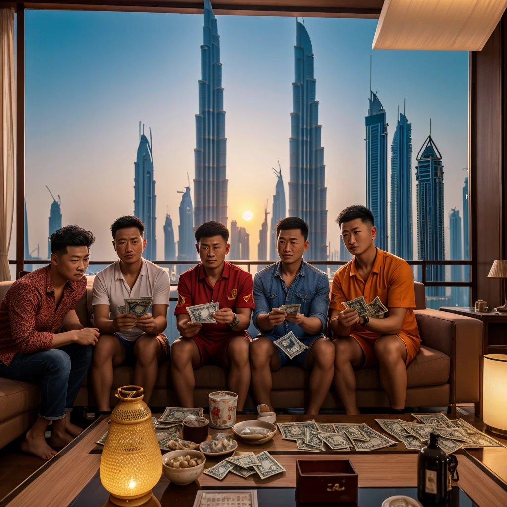 A realistic image of a chinese gang and counting their money in their apartment in dubai, high quality picture, ultra high quality picture, photorealistic, 4k, 8k, 16k, Volumetric Lighting, full picture, highly detailed lighting, de, beautiful skies, clear skies, sunset, clear face, high quality face, 4k face