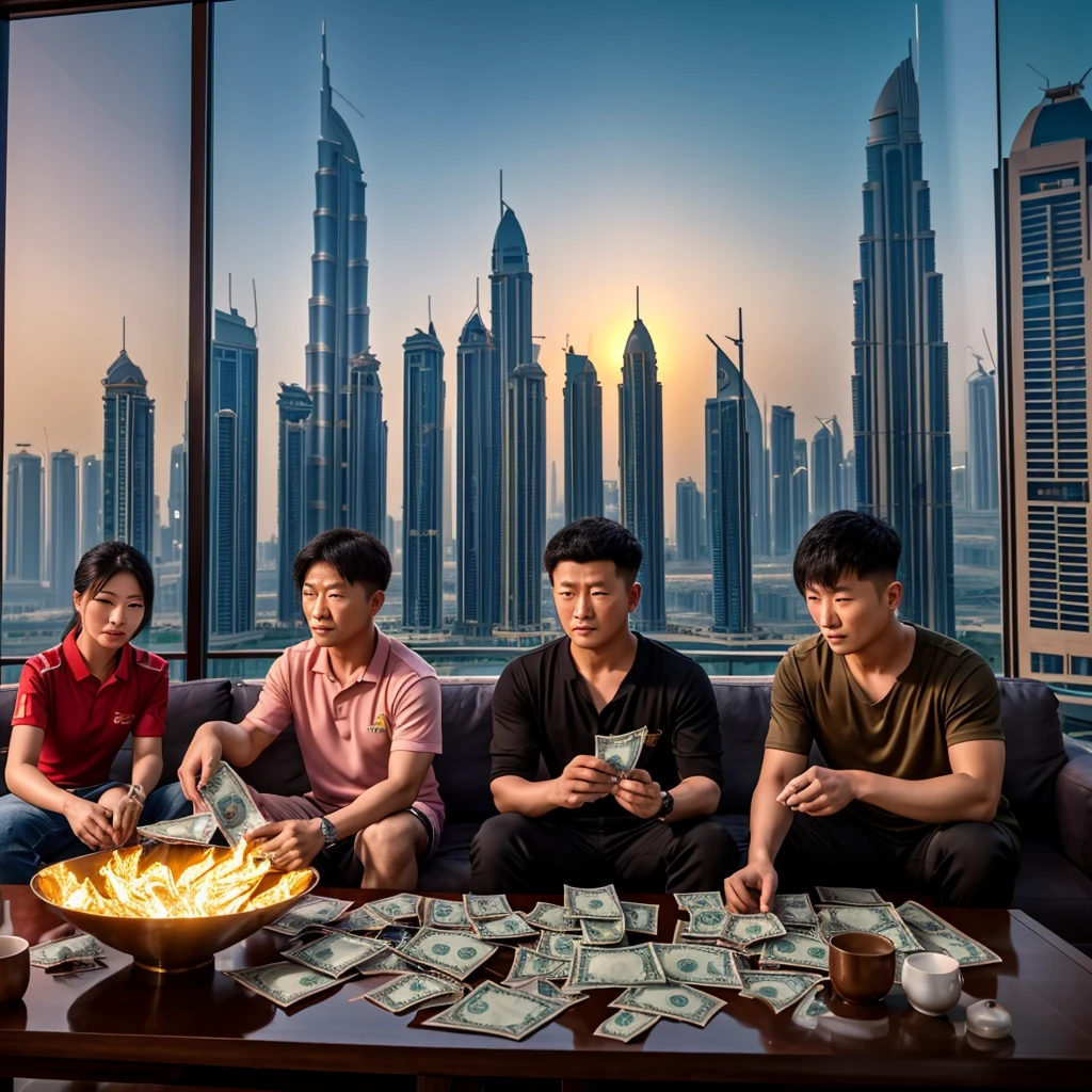 A realistic image of a chinese gang and counting their money in their apartment in dubai, high quality picture, ultra high quality picture, photorealistic, 4k, 8k, 16k, Volumetric Lighting, full picture, highly detailed lighting, de, beautiful skies, clear skies, sunset, clear face, high quality face, 4k face