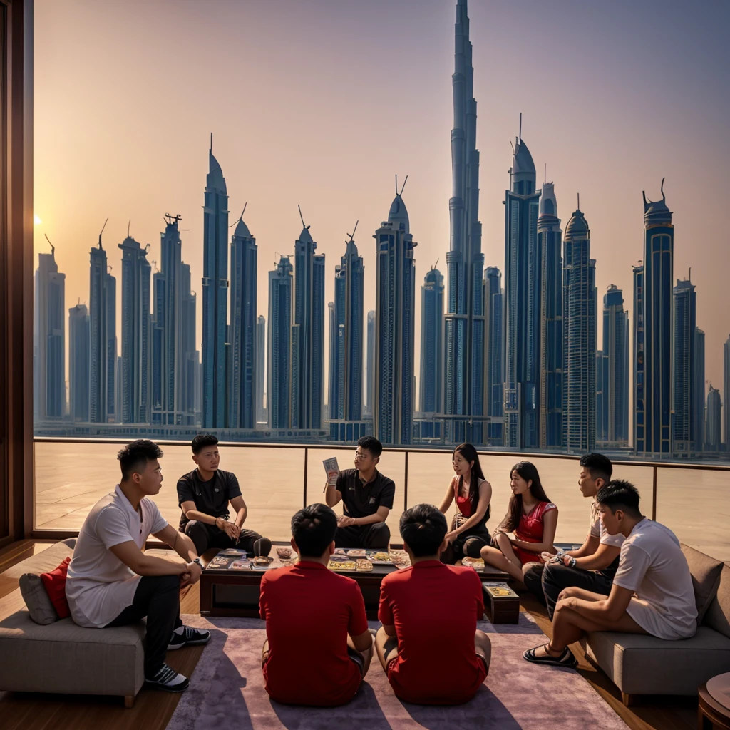 A realistic image of a chinese gang and counting their money in their apartment in dubai, high quality picture, ultra high quality picture, photorealistic, 4k, 8k, 16k, Volumetric Lighting, full picture, highly detailed lighting, de, beautiful skies, clear skies, sunset, clear face, high quality face, 4k face