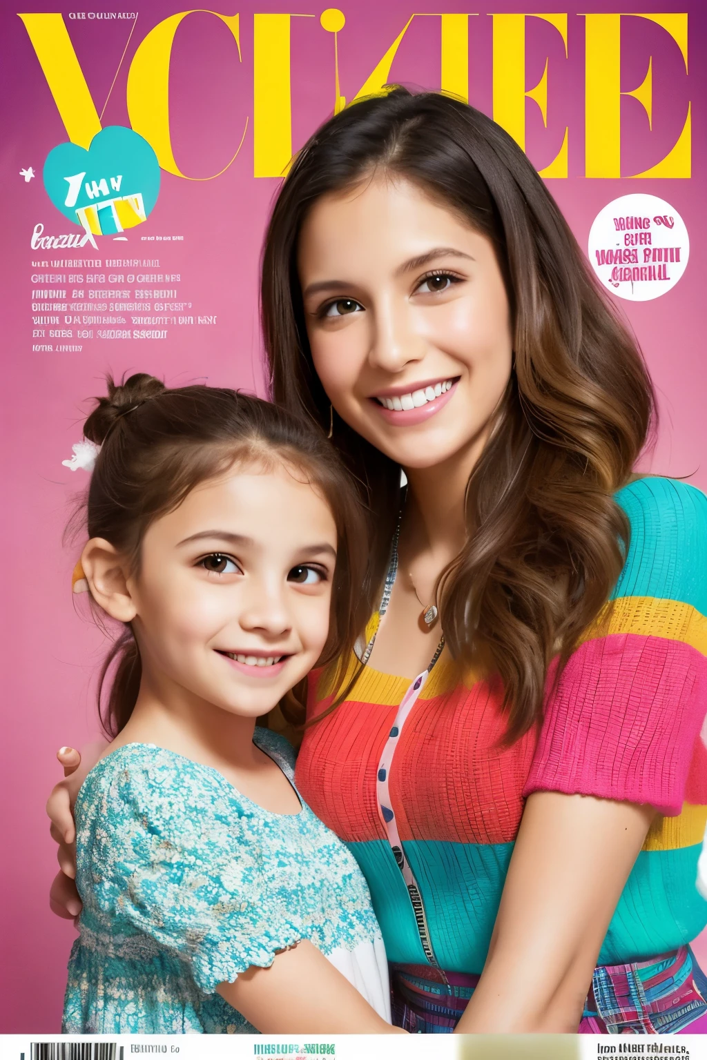 A mother and daughter on a magazine cover, vibrant colors, high-resolution, realistic portrayal, fashion-forward, loving bond, trendy attire, captivating smiles, natural beauty, professional lighting, contemporary style, artistic compositio
