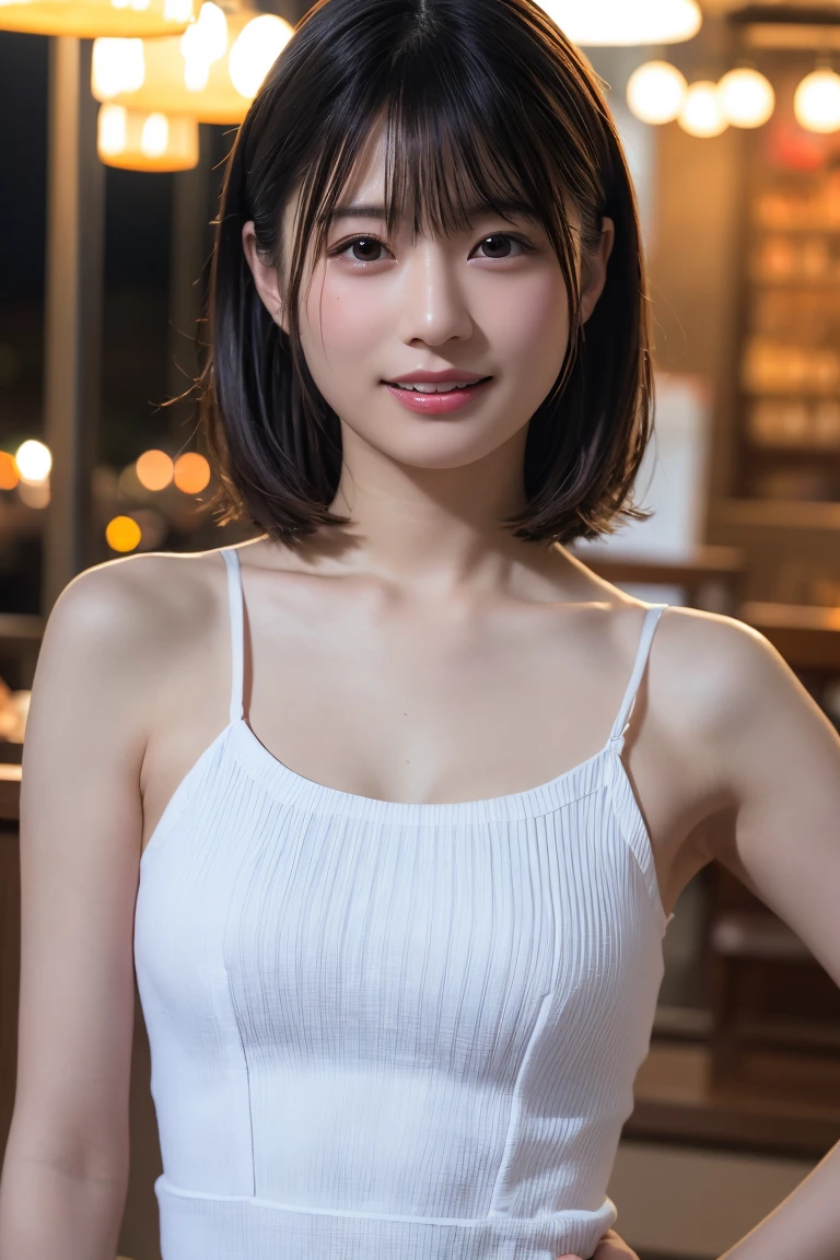 (hair, Ultra-high resolution, Highest quality, masterpiece: 1.2), (Realistic, photoRealistic: 1.37), Very detailed, 1 pretty woman, (slimな顔), (The body is slim), (Brown Hair), (Shortcuts), cheeks turn a little red, (Age 25), Age 25, alone, 窓の外の美しい詳細な都市のnight景, restaurant, wine glassが座る, nightに, NovaFrogStyle in a prominent place, actress, model, Upper Body, White wine, slim, wine glass, Super Clean night View, wine glass Put in the Middle, Happy smile, (smile: 1.15), Beautiful Eyes, Upper Body, Destroy Japan, night, short, short, actress, model, Upper Body, White wine, slim, wine glass, Super Clean night View, wine glass Put in the Middle, Happy smile,Sleeveless dress、Dress code、Chic dress、Dress color is random