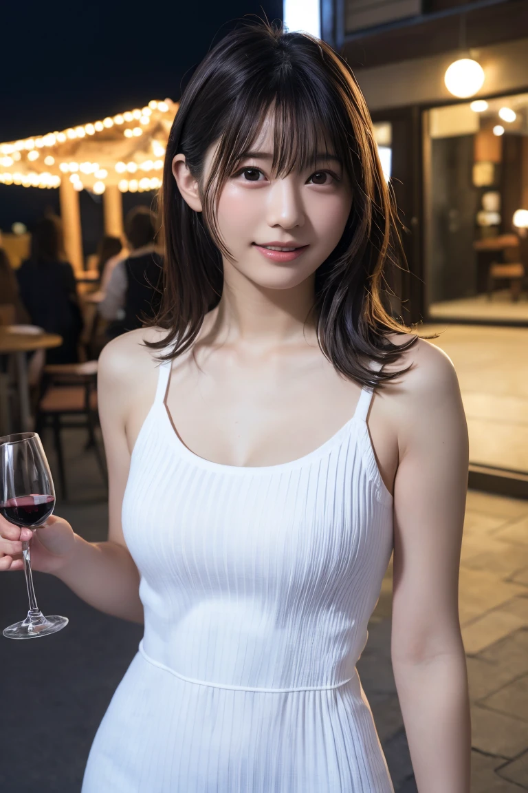 (hair, Ultra-high resolution, Highest quality, masterpiece: 1.2), (Realistic, photoRealistic: 1.37), Very detailed, 1 pretty woman, (slimな顔), (The body is slim), (Brown Hair), (Shortcuts), cheeks turn a little red, (Age 25), Age 25, alone, 窓の外の美しい詳細な都市のnight景, restaurant, wine glassが座る, nightに, NovaFrogStyle in a prominent place, actress, model, Upper Body, White wine, slim, wine glass, Super Clean night View, wine glass Put in the Middle, Happy smile, (smile: 1.15), Beautiful Eyes, Upper Body, Destroy Japan, night, short, short, actress, model, Upper Body, White wine, slim, wine glass, Super Clean night View, wine glass Put in the Middle, Happy smile,Sleeveless dress、Dress code、Chic dress、Dress color is random