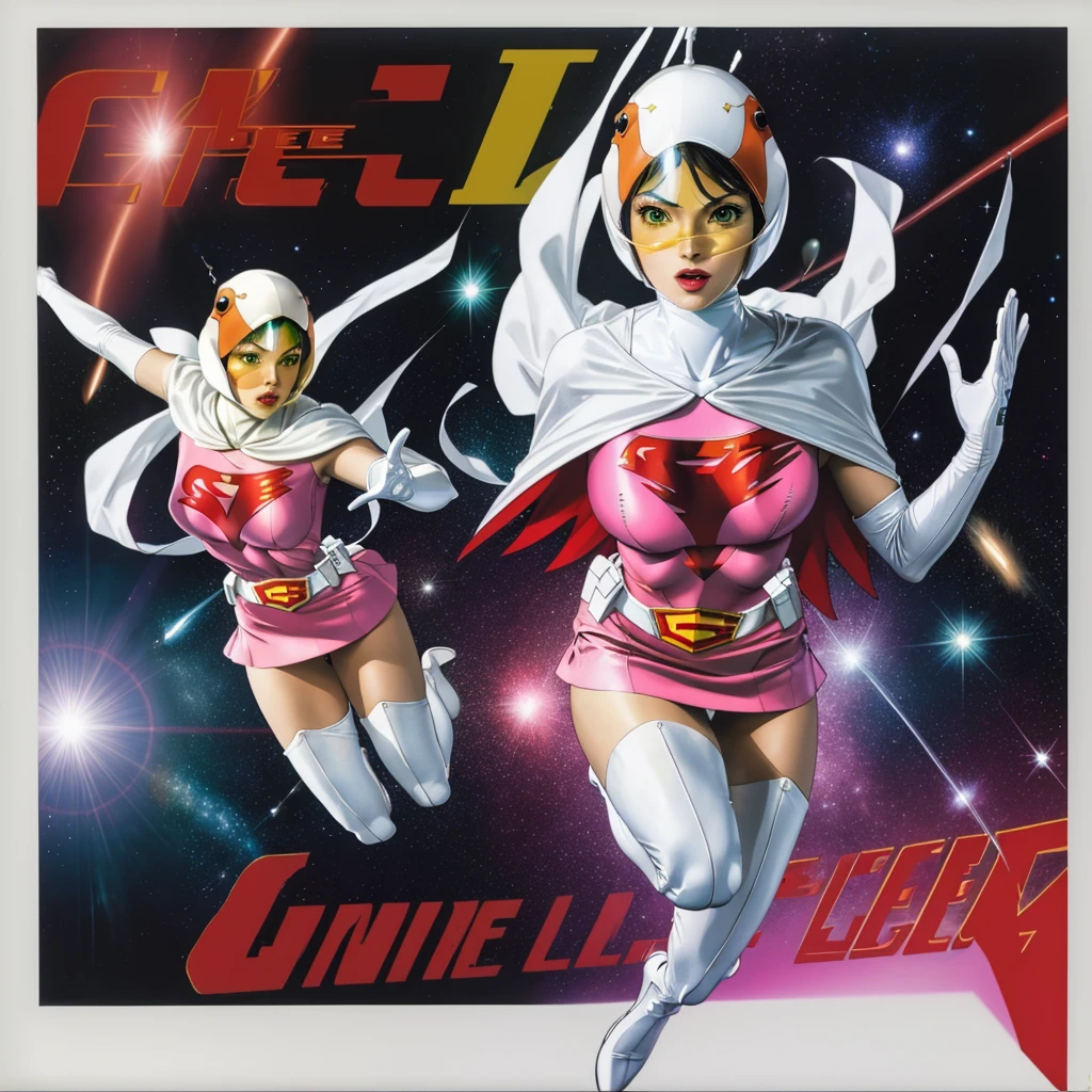 ANI_CLASSIC_jun_gatchaman_ownwaifu,1girl, 15 years old,good anatomy, masterpiece, best quality,realistic, hyperrealistic, 16k hdr,breasts,green eyes,lips,large breasts,lipstick,makeup,gloves,cape,helmet,belt,elbow gloves,white gloves,mask,ultra miniskirt,leotard,spacesuit,white tight overknee highheels boots,pink dress,superhero,bodysuit,cleavage,erected nipples,((standing pose,spread legs, arms up straight)),cameltoe