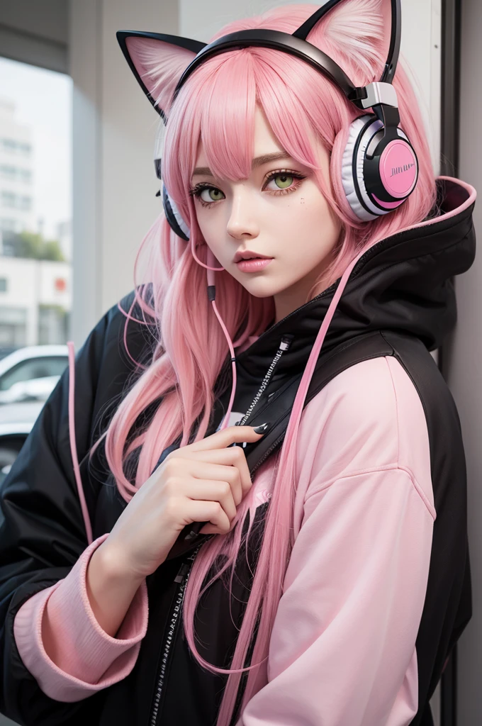 big pink hair yellow eyes and pink cat headphone