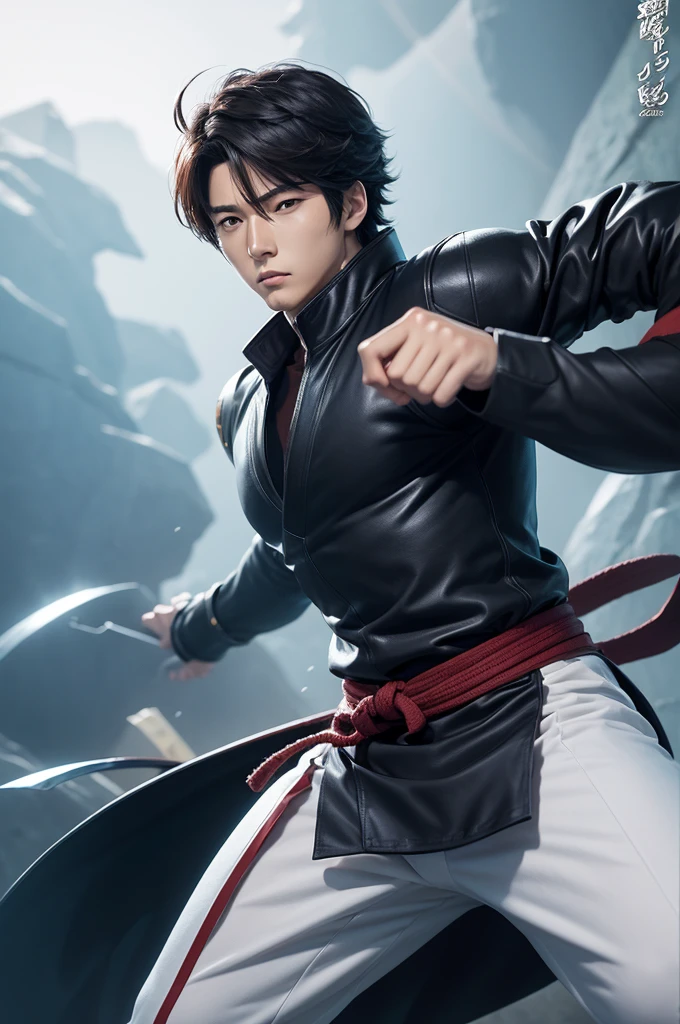 Create a detailed image of a fictional anime character/manga with high quality martial arts in manhwa style. The character must have the personality of Sung Jin-Woo from "Solo Leveling" and Shiryu's appearance "Knights of the Zodiac": stylish, tough, blind with eyes closed, exuding extraordinary energy and with long hair. The image must be extremely detailed, with maximum quality and suitable for use as a profile photo.
