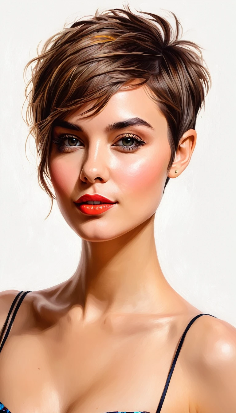create a woman short hair pixie , flores, Masterpiece, estilo illustration de Ali Erturk, high detail, hyperrealistic, natural light,illustration , Bright colors

