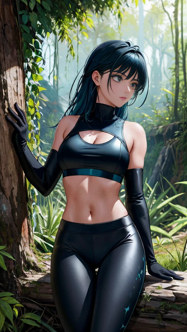 (Top ,black leggings,pHeo azul claro) (btpt-fc) girl with (cracked body), exhausting (elbow gloves), standing on a post-apocalyptic background with greenery and a light green tint. He (btpt-fc) The girl is portrayed as a strong and beautiful character.., despite the cracks in your body. Su cabHelo es de un azul claro vibrante., que se destaca en He desolado tHeón de fondo. She is exhausting black leggings and elbow gloves, highlighting its hardness and resistance. He post-apocalyptic background is filled with overgrown vegetation, symbolizes nature&#39;s ability to reclaim its space. He overall color palette is dominated by a light green tint, adding a sense of eeriness to the scene.