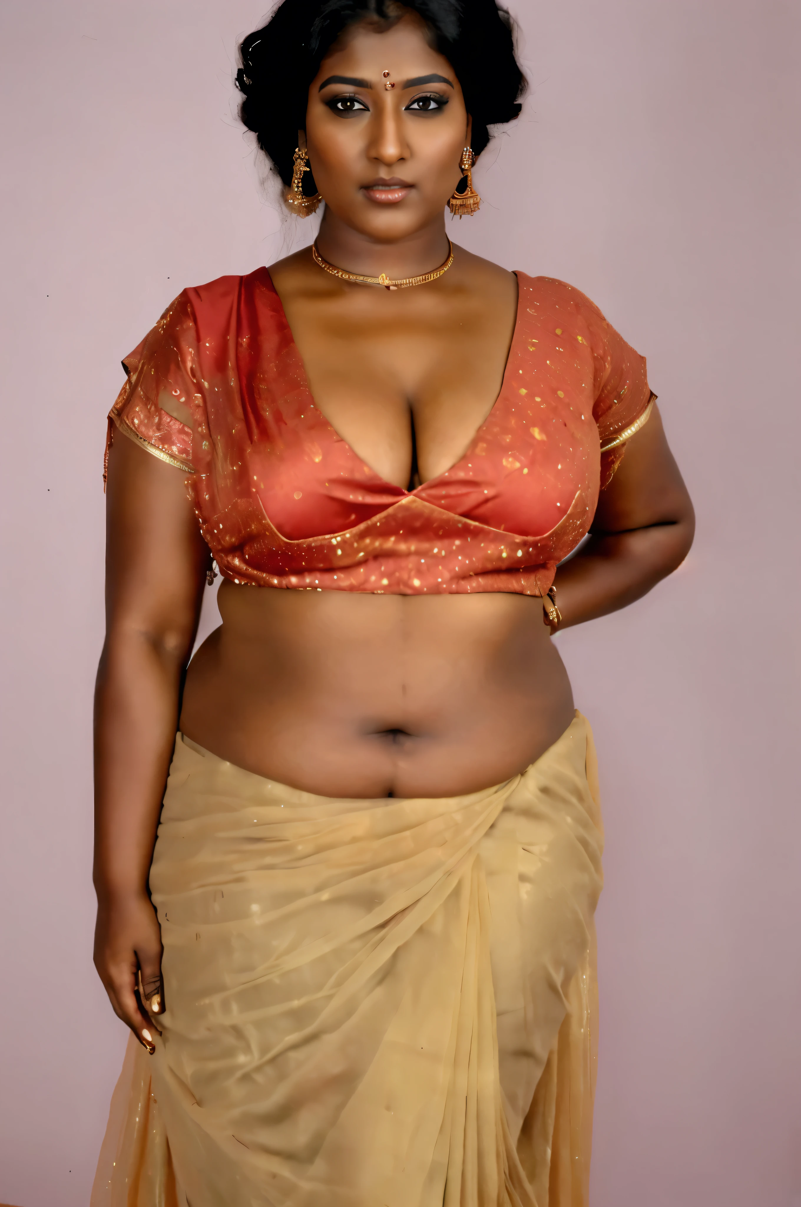 Looks like Nayanthara, thick figure, bulky figure, fleshy figure, black lips, beautiful hypnotizing gazing eyes, Full figured woman, heavy figure, attractive, gorgeous, stunning beauty, milf, 50 years old Woman, attractive body, araffe woman in a gold sari posing for a picture, chocolate skin, skin pores, sweat, incredible skin texture, wearing gold jewellery, photo of a hand jewellery model, sexy girl with dark complexion, indian girl with brown skin, traditional beauty, wearing elegant jewellery, traditional makeup, with small studded earings, indian goddess, indian, intricate thin details in gold, gold jewellery, modeling shoot, 7 0 mm portrait, dramatic lighting, cinematic colour grading,