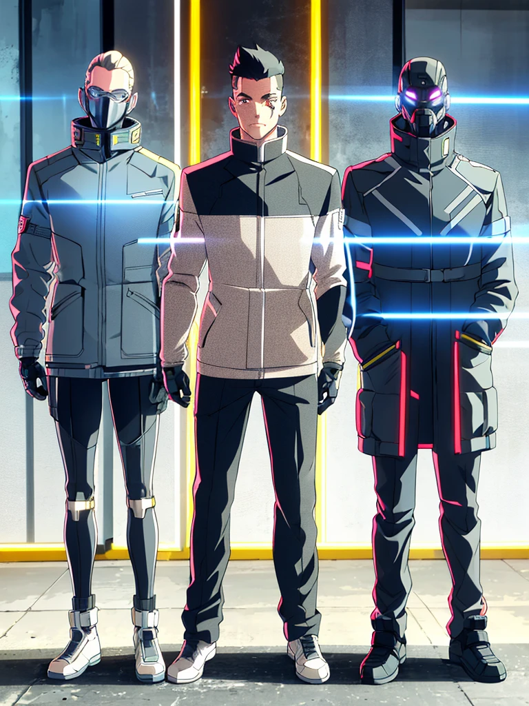 Male, fully cybernetic, full cyborg, military special forces cyborg, wearing tactical trenchcoat, complete cybernetic body and fully cybernetic head, head covered by full-face visor, fully cybernetic form, robotic body, fully in frame, standing at attention, hands in pockets, lone figure, sole person, Cyberpunk Edgerunners style