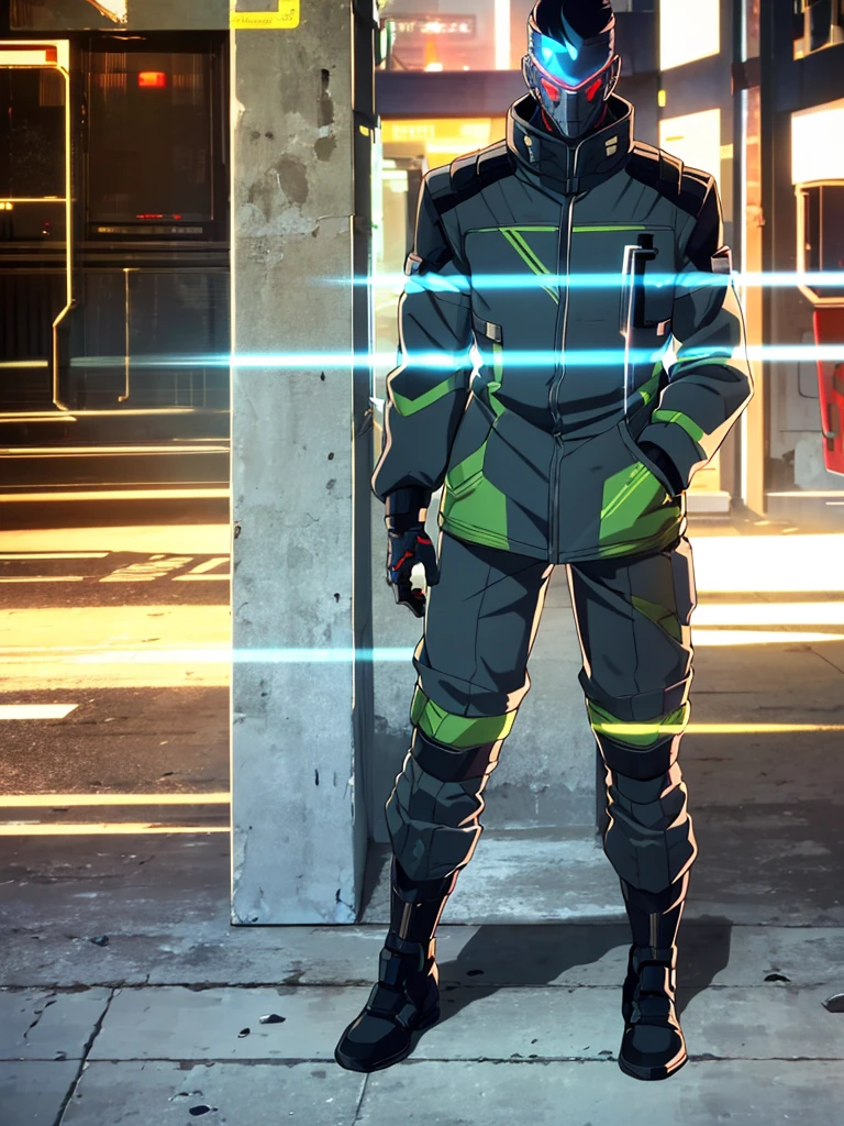 Male, fully cybernetic, full cyborg, military special forces cyborg, wearing tactical trenchcoat, complete cybernetic body and fully cybernetic head, head covered by full-face visor, fully cybernetic form, robotic body, fully in frame, standing at attention, hands in pockets, lone figure, sole person, Cyberpunk Edgerunners style