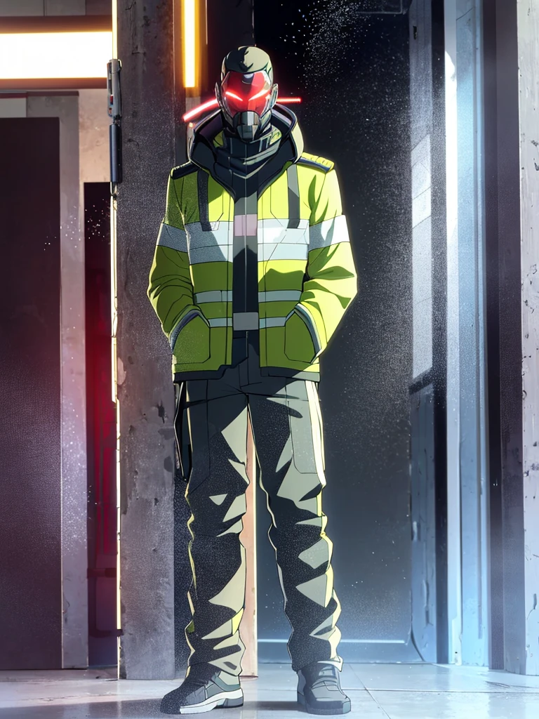 Male, fully cybernetic, full cyborg, military special forces cyborg, wearing tactical trenchcoat, complete cybernetic body and fully cybernetic head, head covered by full-face visor, fully cybernetic form, robotic body, fully in frame, standing at attention, hands in pockets, lone figure, sole person, Cyberpunk Edgerunners style