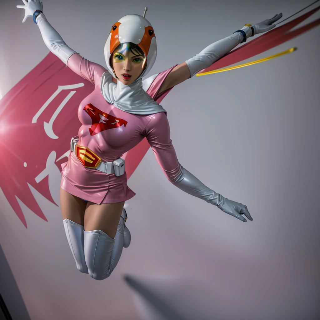 ANI_CLASSIC_jun_gatchaman_ownwaifu,1girl, 15 years old,good anatomy, masterpiece, best quality,realistic, hyperrealistic, 16k hdr,breasts,green eyes,lips,large breasts,lipstick,makeup,gloves,cape,helmet,belt,elbow gloves,white gloves,mask,ultra miniskirt,leotard,spacesuit,white tight overknee highheels boots,pink dress,superhero,bodysuit,cleavage,erected nipples,((jumping poses)),cameltoe