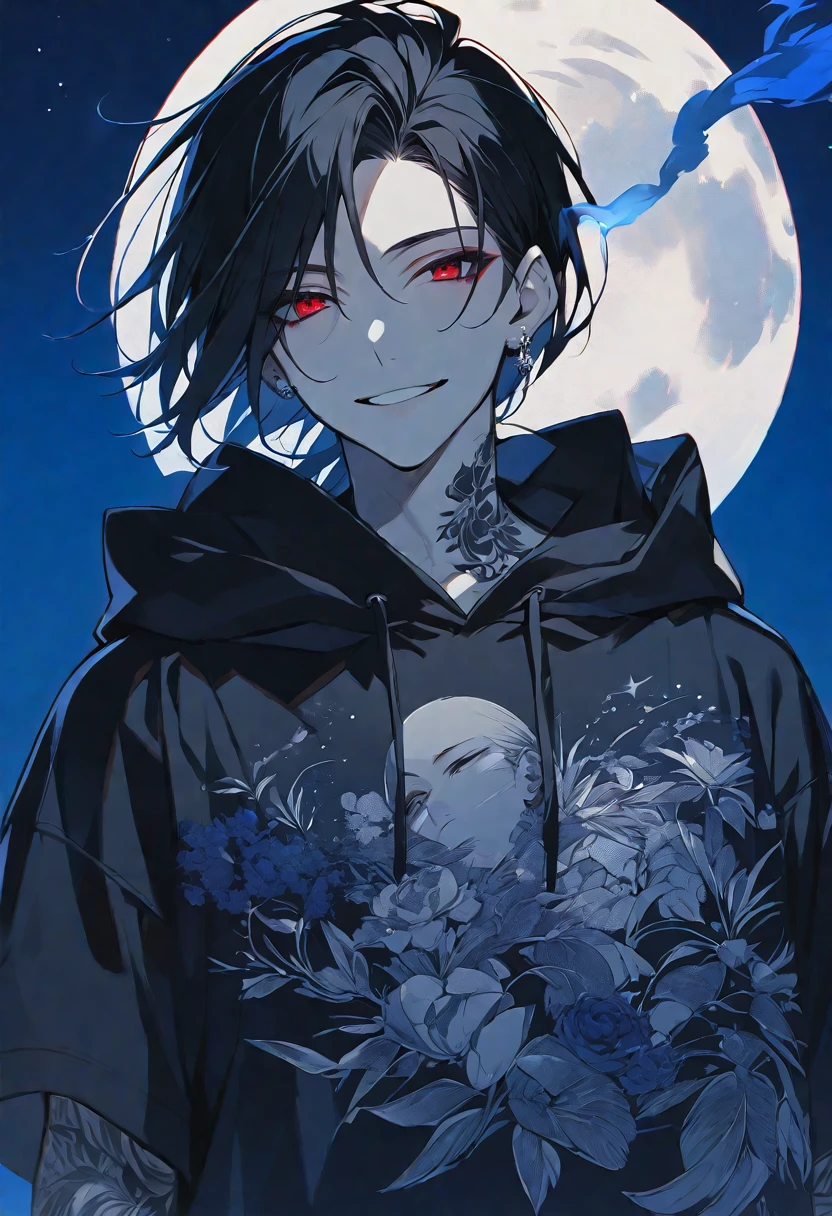 solo, handsome, monotone,
1. male, cigarette,
Hime cut,Straight Hair,Bob Hair, ponytail,
black hair,
Nakano Yotsuba,
red Eyes,Soft look,beautiful,beautiful,Darkness,Lots of silver earrings,blue rose tattoo,
black hoodie ,smile,skin,
simple background,
moon,star sky
