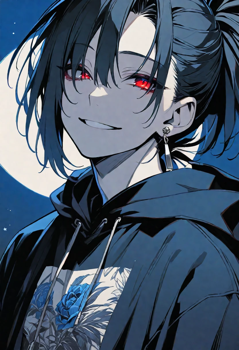 solo, handsome, monotone,
1. male, cigarette,
Hime cut,Straight Hair,Bob Hair, ponytail,
black hair, 
Nakano Yotsuba,
red Eyes,Soft look,beautiful,beautiful,Darkness,Lots of silver earrings,blue rose tattoo,
black hoodie ,smile,skin,
simple background,
moon,star sky