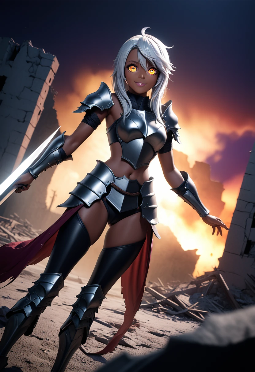 (masterpiece, top quality, best quality, beautiful and aesthetic:1.2), full body, SFW, extremely detailed, detailed eyes, detailed hands, cinematic light, depth of field, 1girl, seducing smile, solo, official, (armored knight:1.4), dark armor, chloe von, silver hair, golden eyes, tanned, tan skin, slim body, cinematic lighting, dramatic lighting, dramatic atmosphere, hyper-realistic, high resolution, stunning contrast, high quality, best quality, 8k, 4k, intricately detailed, (amazing details:1.2), highly detailed skin, powerful presence, vibrant colors, (detailed eyes:1.2), striking eyes, (detailed background), (warzone on background, night, ruins), (dynamic angle:1.2), (dynamic pose:1.2)