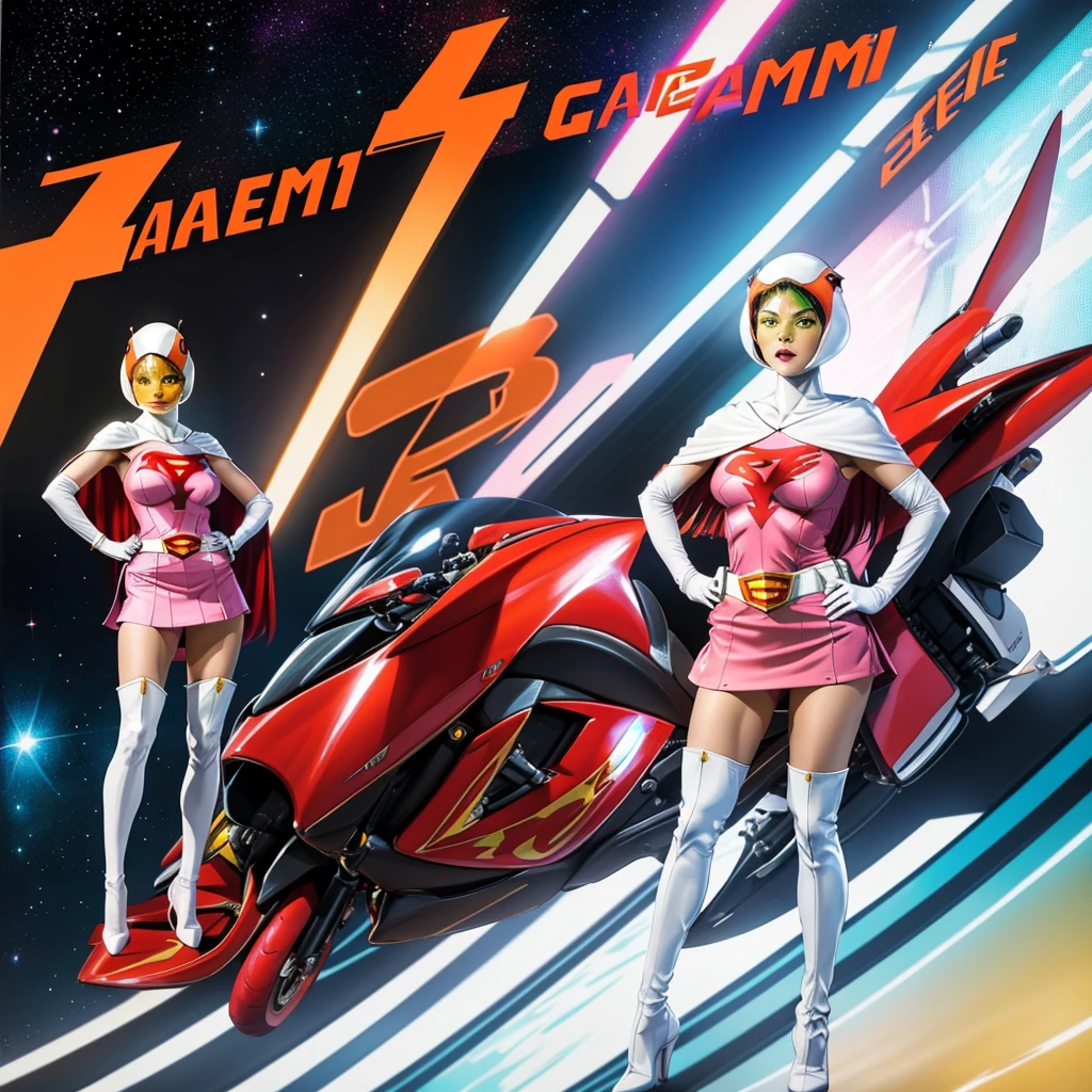 ANI_CLASSIC_jun_gatchaman_ownwaifu,1girl, 15 years old,good anatomy, masterpiece, best quality,realistic, hyperrealistic, 16k hdr,breasts,green eyes,lips,large breasts,lipstick,makeup,gloves,cape,helmet,belt,elbow gloves,white gloves,mask,ultra miniskirt,leotard,spacesuit,white tight overknee highheels boots,pink dress,superhero,bodysuit,cleavage,erected nipples,((stand pose,hands on hip,view from below)),cameltoe