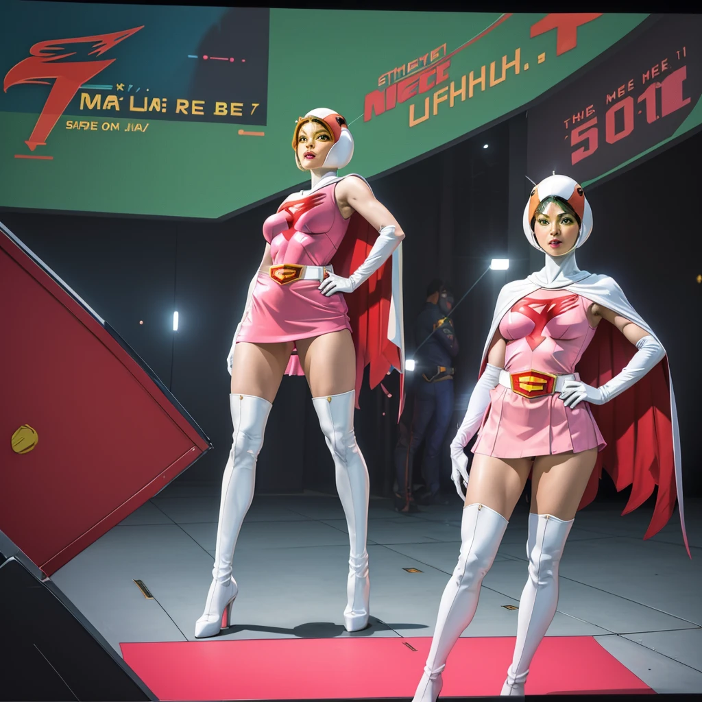 ANI_CLASSIC_jun_gatchaman_ownwaifu,1girl, 15 years old,good anatomy, masterpiece, best quality,realistic, hyperrealistic, 16k hdr,breasts,green eyes,lips,large breasts,lipstick,makeup,gloves,cape,helmet,belt,elbow gloves,white gloves,mask,ultra miniskirt,leotard,spacesuit,white tight overknee highheels boots,pink dress,superhero,bodysuit,cleavage,erected nipples,((stand pose,hands on hip,view from below)),cameltoe