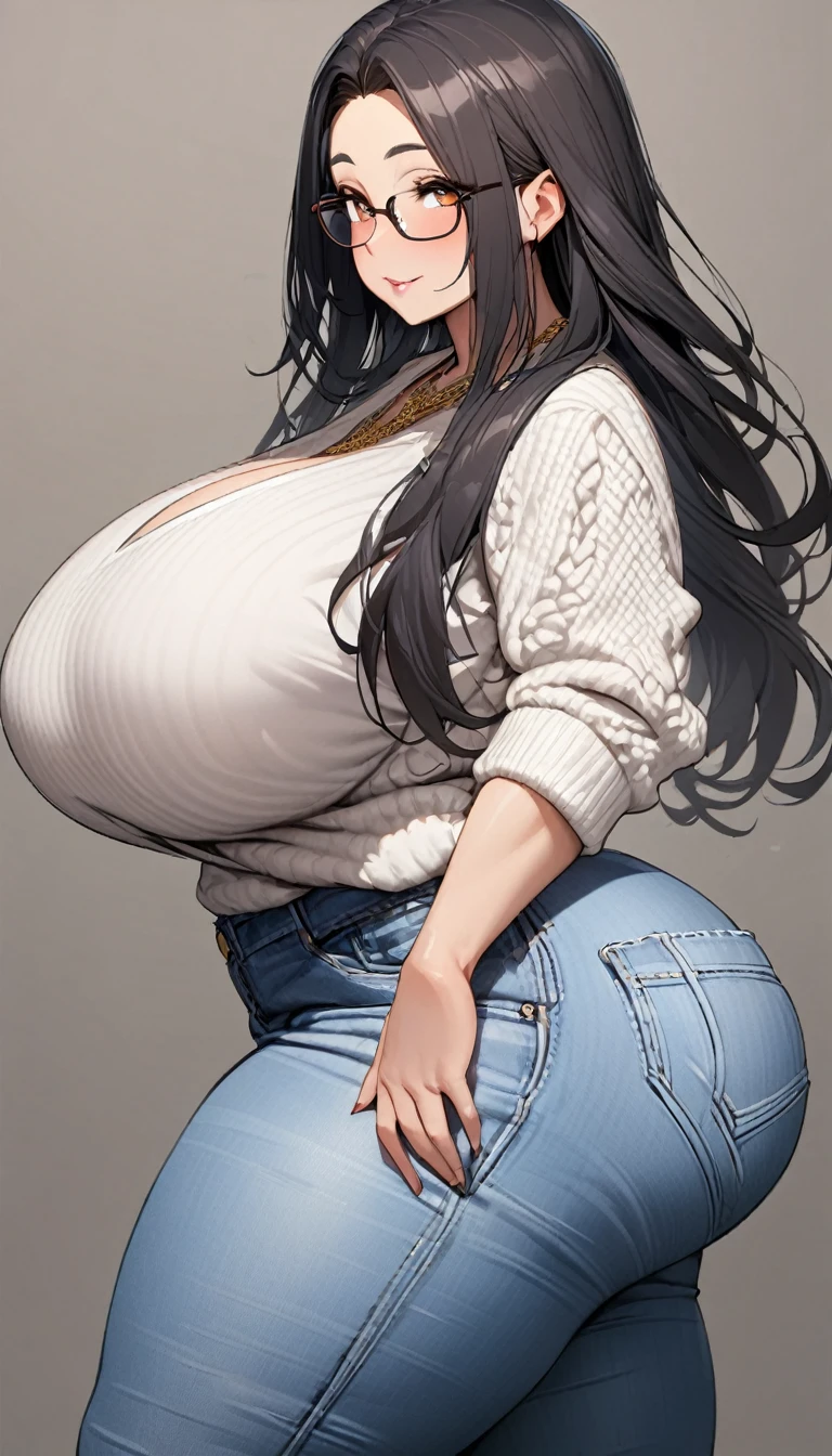 1girl,solo,Mature Woman,Black Hair,long hair,brown eyes color,Glasses,mother,gentle,kind face,Super huge breasts,Flabby thighs,Whipped thighs,huge ass,white knit with vertical lines accentuating the lines of the body,jeans that accentuate the body's curves,necklace,standing up,Emphasis on the buttocks,Taken from the side,Inclusive,White background,best quality, ultra detailed), intricate details,perfect eyes