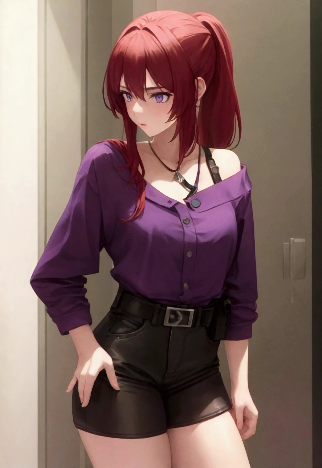 Masterpiece, Best Quality, 1 girl, Red hair, purple eyes, unclothed