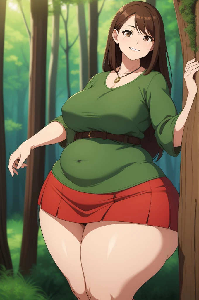 1woman, chubby, wide hips, long brown hair, wearing a fantasy tunic and a mini skirt, standing in the forest, from the front, tiny breasts, teasing, small breasts, bottom heavy, really small, adult. big smile, teasing, mature,