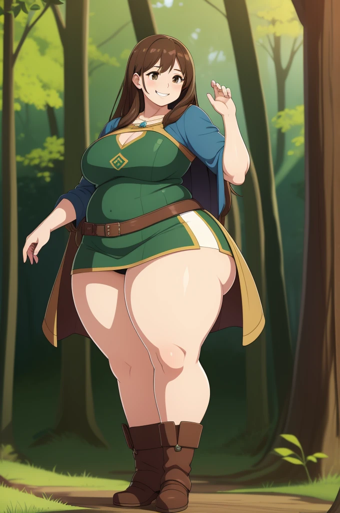 1woman, chubby, wide hips, long brown hair, wearing a fantasy tunic and a mini skirt, standing in the forest, from the front, tiny breasts, teasing, small breasts, bottom heavy, really small, adult. big smile, teasing, mature,