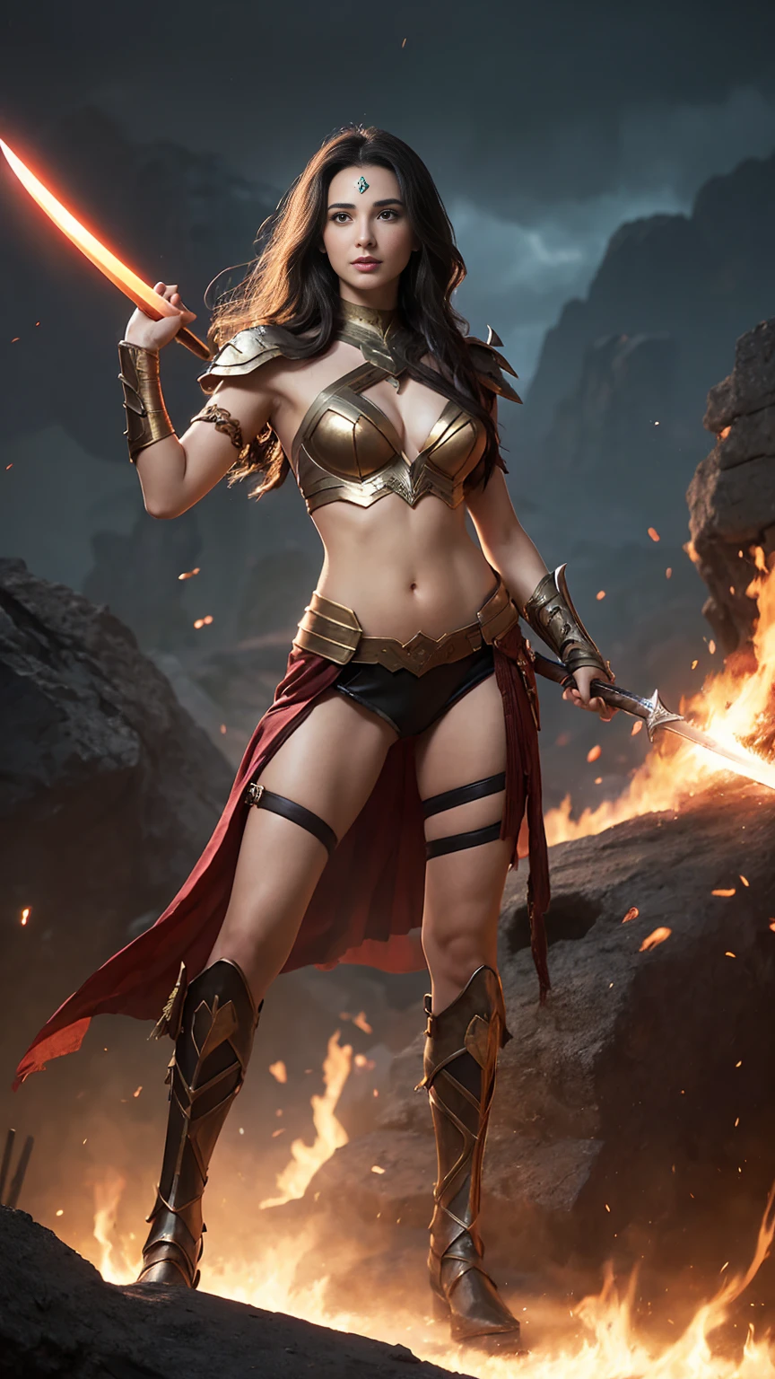(((full body photo))),a woman dressed as a warrior holding a sword, sexy painting of gal gadot, tyler edlin fantasy art, fantasy woman, gal gadot as hell lord, zenescope, a very beautiful berserker woman, magali villeneuve', as seen on artgerm, very beautiful female barbarian, artgerm julie bell beeple, 4k fantasy art