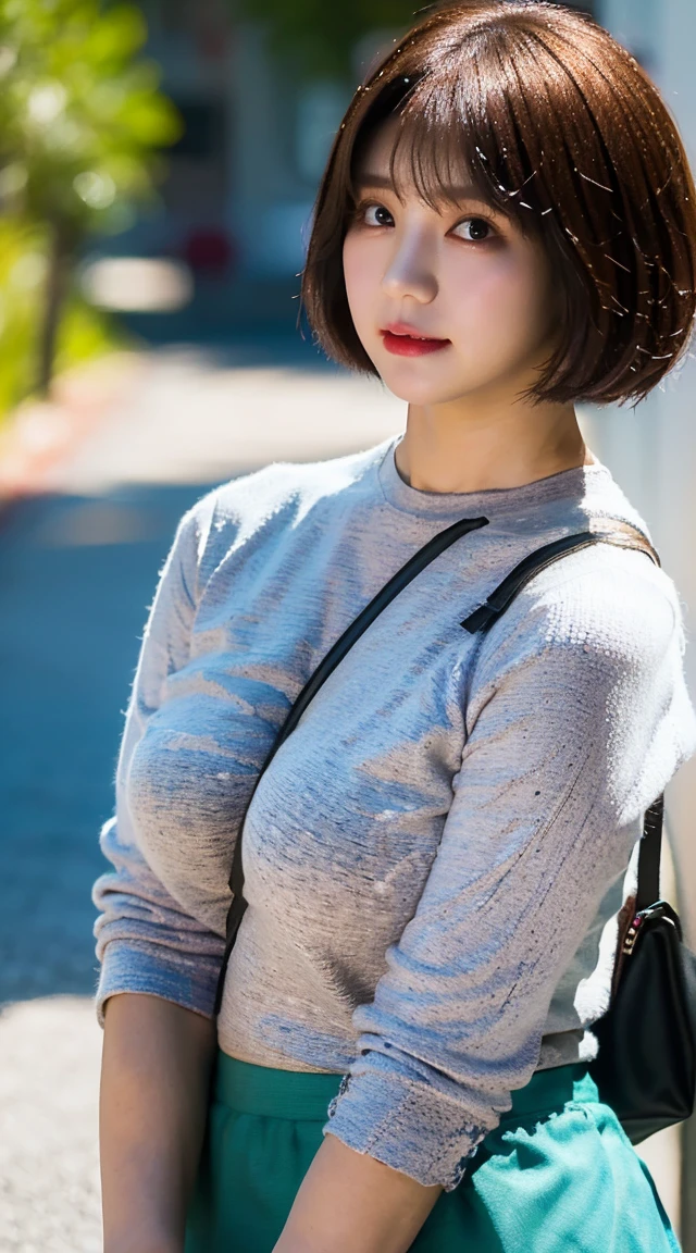  Highest quality, shape, Very detailed, finely, High resolution, 8k wallpaper, Beautiful and exquisite,  Natural Lip, whole body, front,Shyness、Embarrassed expression、Bob Cut Hair、University classroom、Pleated skirt、((Looking into the camera))、Brown Hair、Knit shirt、