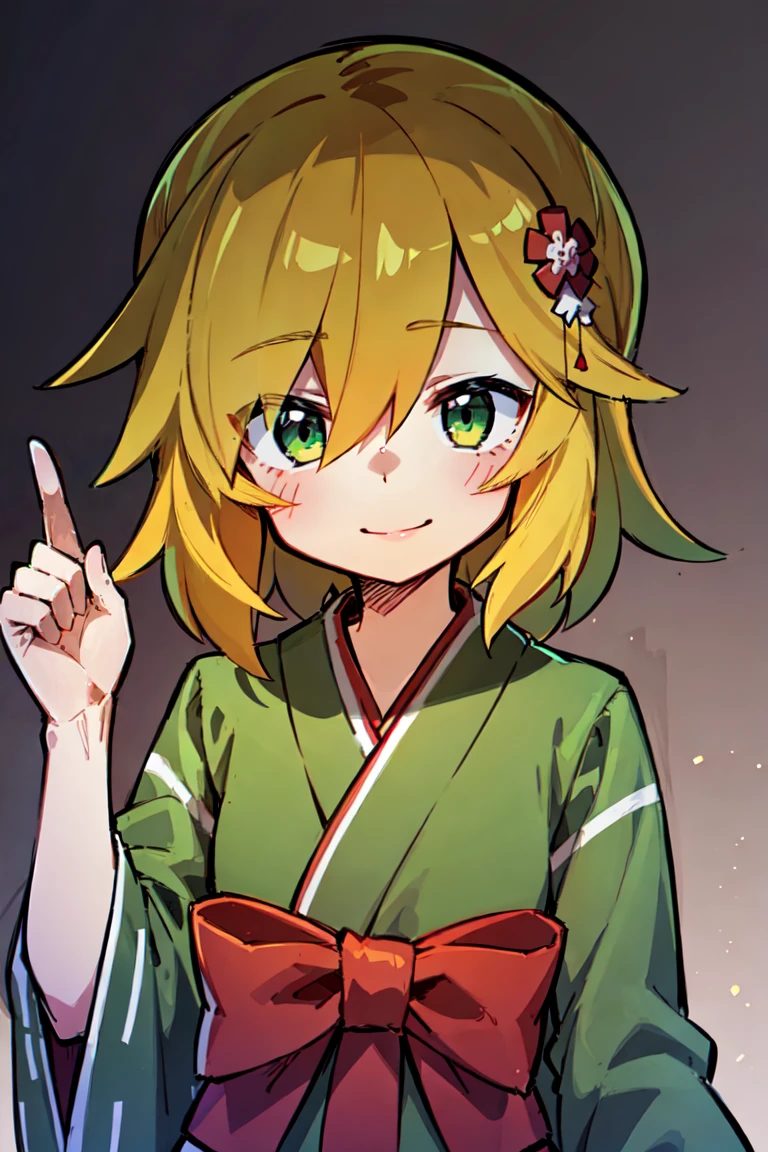 Draw a man, cartoon character with vibrant colors. He has messy green hair, a scar over his right eye, big expressive eyes, a wide smile. Wear a dark green kimono, a green cloth