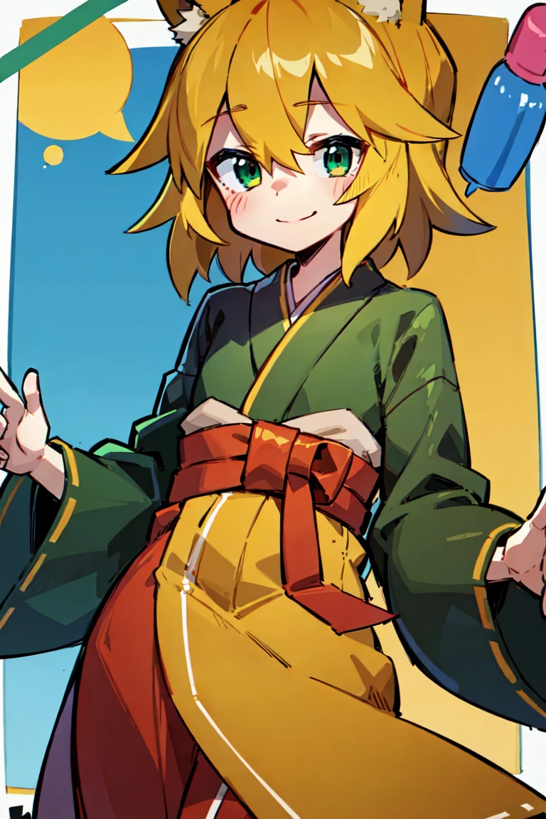 Draw a man, cartoon character with vibrant colors. He has messy green hair, a scar over his right eye, big expressive eyes, a wide smile. Wear a dark green kimono, a green cloth