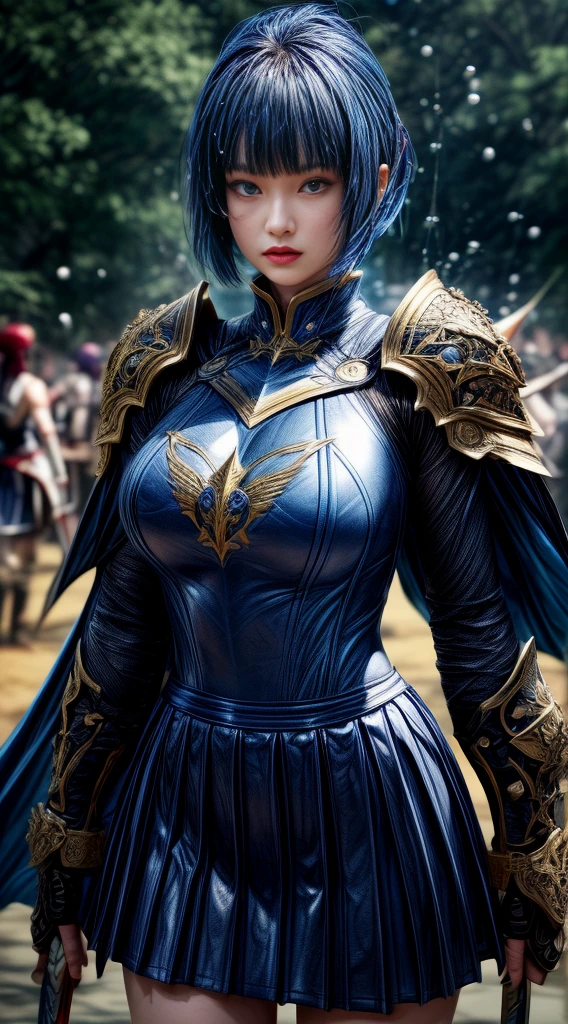 Very beautiful woman、Slender women、(Detailed face)、Realistic Skin、((Holy Knight)), ((Dark blue armor))、((((A black armor with extremely detailed and intricate decoration.:1.1))))、((Delicate photo)),(Girl Astepeace RAW Photo Details:1.25), (Highest quality:1.6), (Ultra-high resolution:1.5), (Realistic:1.75), 8K resolution, Canon EOS R5, 50mm, Absurd, Super detailed,Cinema Lighting,((Fightfield))、((Fight))、(((Navy embellished skirt)))、Thigh-high socks、Shingard、((Dark blue hair))、((Bowl cut hairstyle with bangs,))、Get a six pack、Cape、Beautiful Armor、(((Has a huge weapon)))、(In combat)、The wind is blowing、((Symmetrical armor))、((((splash))))、(((Leads a large group of blue knights:1.2)))、Banner、Armor with a dragon motif、(((Battle Scenes)))