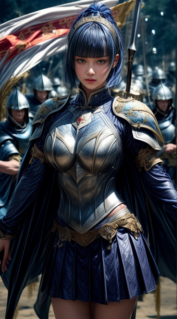 Very beautiful woman、Slender women、(Detailed face)、Realistic Skin、((Holy Knight)), ((Dark blue armor))、((((A black armor with extremely detailed and intricate decoration.:1.1))))、((Delicate photo)),(Girl Astepeace RAW Photo Details:1.25), (Highest quality:1.6), (Ultra-high resolution:1.5), (Realistic:1.75), 8K resolution, Canon EOS R5, 50mm, Absurd, Super detailed,Cinema Lighting,((Fightfield))、((Fight))、(((Navy embellished skirt)))、Thigh-high socks、Shingard、((Dark blue hair))、((Bowl cut hairstyle with bangs,))、Get a six pack、Cape、Beautiful Armor、(((Has a huge weapon)))、(In combat)、The wind is blowing、((Symmetrical armor))、((((splash))))、(((Leads a large group of blue knights:1.2)))、Banner、Armor with a dragon motif、(((Battle Scenes)))