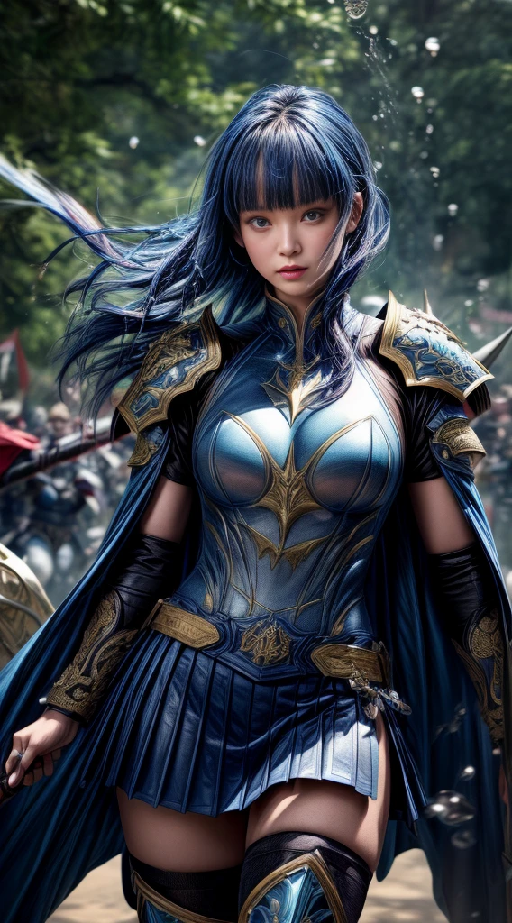 Very beautiful woman、Slender women、(Detailed face)、Realistic Skin、((Holy Knight)), ((Dark blue armor))、((((A black armor with extremely detailed and intricate decoration.:1.1))))、((Delicate photo)),(Girl Astepeace RAW Photo Details:1.25), (Highest quality:1.6), (Ultra-high resolution:1.5), (Realistic:1.75), 8K resolution, Canon EOS R5, 50mm, Absurd, Super detailed,Cinema Lighting,((Fightfield))、((Fight))、(((Navy embellished skirt)))、Thigh-high socks、Shingard、((Dark blue hair))、((Bowl cut hairstyle with bangs,))、Get a six pack、Cape、Beautiful Armor、(((Has a huge weapon)))、(In combat)、The wind is blowing、((Symmetrical armor))、((((splash))))、(((Leads a large group of blue knights:1.2)))、Banner、Armor with a dragon motif、(((Battle Scenes)))