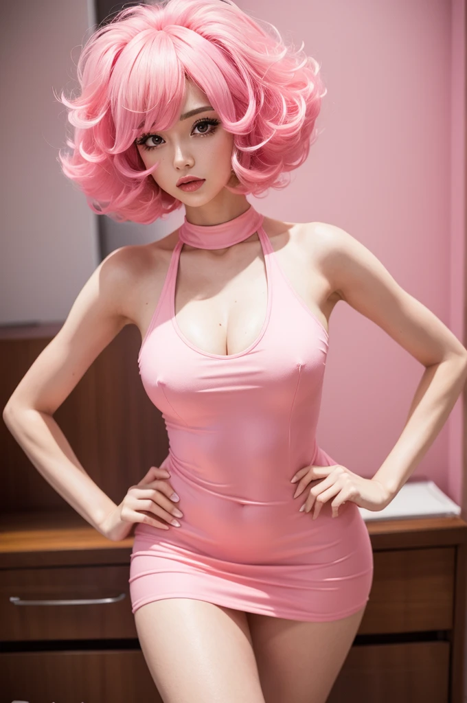 Flamingo with 80s style pink wig and hot pink bodycon dress