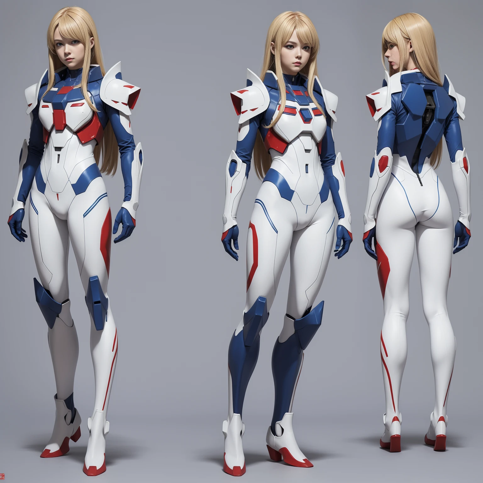 (((full body photo))), red blue and white color, femboy wearing a lightly armoured body suit, sci-fi themes, chest armour, gundam, best quality, arte oficial, Sketch line diagram, eye blue, front view, back view, and side view of character, long hair