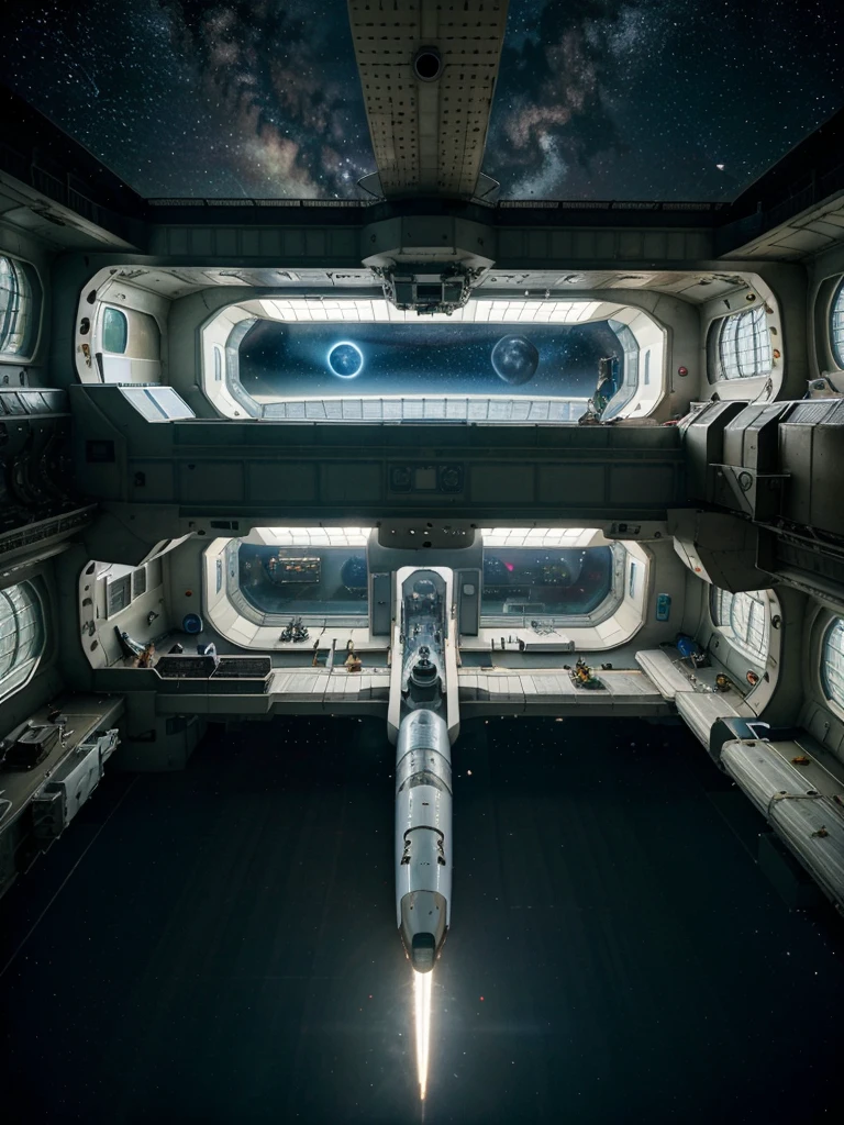 Big space station, hovering near a ring planet. Inside the station there are modern living and working modules, greenhouses with plants, and recreation areas with panoramic windows, through which stars and planets are visible. Spaceships and shuttles fly around the station, and astronauts in spacesuits work outside.