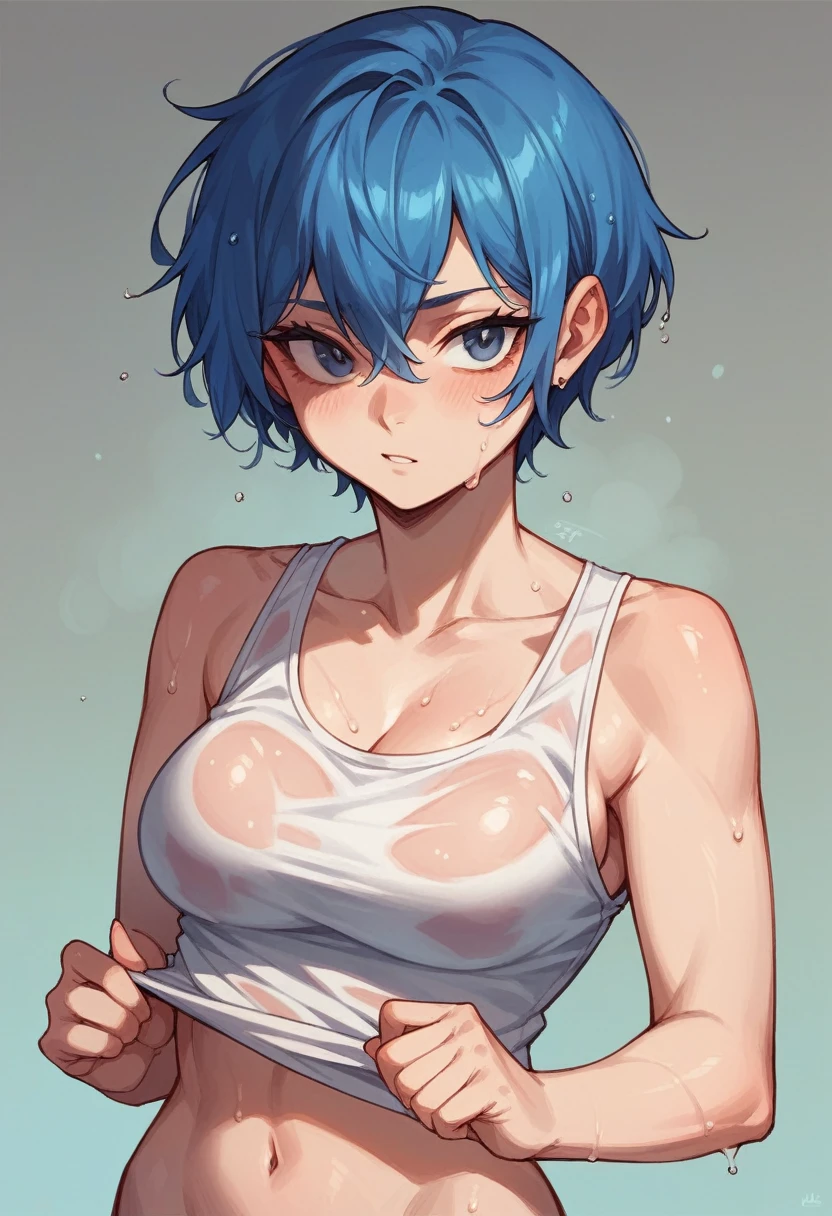 short blue hair girl,relaxed look,wearing a wet tank top,women&#39;s beach shorts 