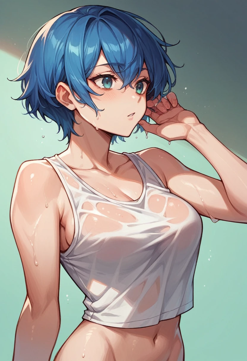 short blue hair girl,relaxed look,wearing a wet tank top,women's beach shorts
