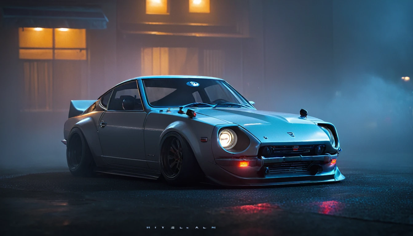 (details Intricate:1.2), (photorrealistic), (work of art), (fot), cinematic lighting, cyberpunk city, FOG, 1969 Nissan Fairlady Z sports car, land vehicle, motor vehicle, sin humanos, scenario, standing alone, focus on the vehicle, night time, front bedroom, freedom to walk wide, Wide fuselage