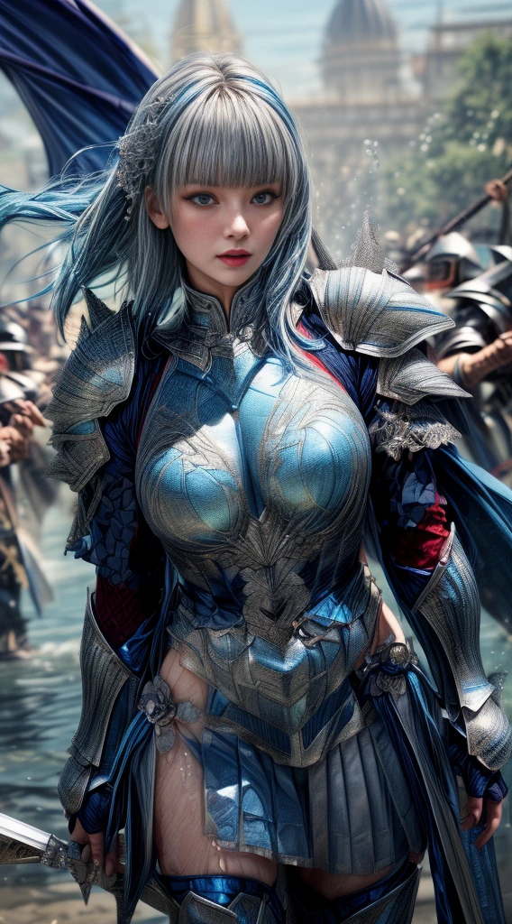 Very beautiful woman、Slender women、(Detailed face)、Realistic Skin、((Water Knight:1.1)), ((Dark blue armor))、((((Dark blue armor with very fine platinum detailing:1.5))))、((Delicate photo)),(Girl Astepeace RAW Photo Details:1.25), (Highest quality:1.6), (Ultra-high resolution:1.5), (Realistic:1.75), 8K resolution, Canon EOS R5, 50mm, Absurd, Super detailed,Cinema Lighting,((Fightfield))、((Fight))、(((White skirt with embellishments)))、Thigh-high socks、Shingard、((Light blue hair))、((Bowl cut hairstyle with bangs))、(Six Pack:1.1)、Cape、Beautiful Armor、(((Has a huge weapon)))、(In combat)、The wind is blowing、((Symmetrical armor))、((((splash:1.1))))、(((Leads a large group of blue knights:1.2)))、banner、(Armor with a dragon motif)、(((Battle Scenes)))、(blue Dragon)、((Browsing Caution:1.1))、(((Use the magic of water:1.2)))