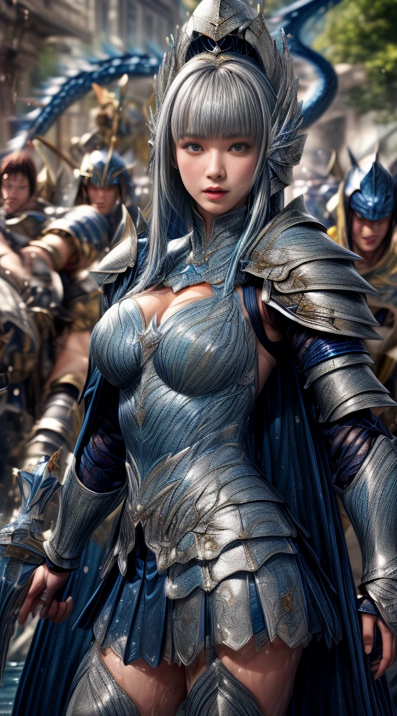 Very beautiful woman、Slender women、(Detailed face)、Realistic Skin、((Water Knight:1.1)), ((Dark blue armor))、((((Dark blue armor with very fine platinum detailing:1.5))))、((Delicate photo)),(Girl Astepeace RAW Photo Details:1.25), (Highest quality:1.6), (Ultra-high resolution:1.5), (Realistic:1.75), 8K resolution, Canon EOS R5, 50mm, Absurd, Super detailed,Cinema Lighting,((Fightfield))、((Fight))、(((White skirt with embellishments)))、Thigh-high socks、Shingard、((Light blue hair))、((Bowl cut hairstyle with bangs))、(Six Pack:1.1)、Cape、Beautiful Armor、(((Has a huge weapon)))、(In combat)、The wind is blowing、((Symmetrical armor))、((((splash:1.1))))、(((Leads a large group of blue knights:1.2)))、banner、(Armor with a dragon motif)、(((Battle Scenes)))、(blue Dragon)、((Browsing Caution:1.1))、(((Use the magic of water:1.2)))