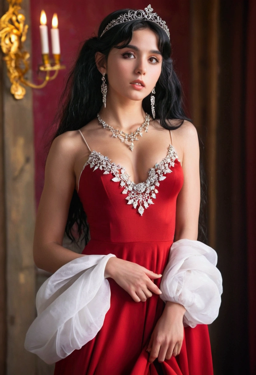 Beautiful 25-year-old gypsy, black hair, black eyes, white, sculptural body, vibrant red dress, long and very low-cut, no bra, sensual mouth, penetrating eyes, small rose tiara in her hair, jewelry, hoop earrings, cinematic lighting, perspective, Renaissance, UHD, retina, high quality